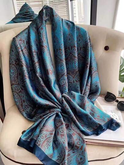 قطعة واحدة وشاح حرير مطبوع باللون الأزرق التركواز للمرأة لتدفئة الرأس والرقبة