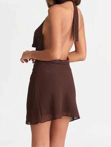 Women's Summer Halter V Neck Mini Dress Sleeveless Ruffle Open Back Solid Color Halter Neck Mini Party Club Tank Dresses - Brown - View 7