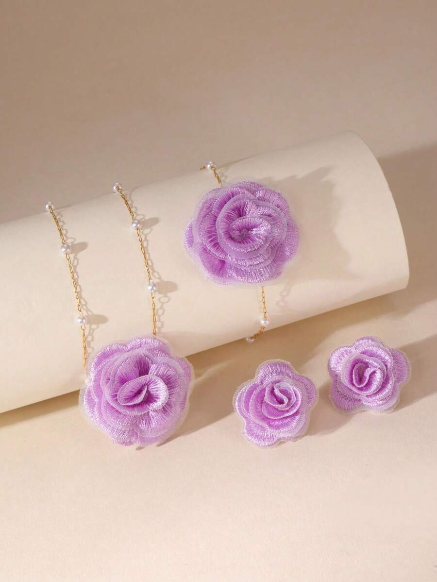 MESTILO 4pcs/Set Elegant 18K Stainless Steel Fabric Rose Necklace, Bracelet, Earrings Jewelry Set For Women, Daily Wear & Dating (Pearl Quantity Random)