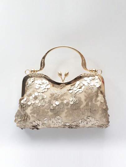 1 pezzo Borsa a clutch con fiore e bocciolo decorati in metallo color oro opaco con paillettes e diamanti, stile elegante e minimalista, adatta per la sposa, matrimonio, festa, occasione formale, regalo ideale per mamma, insegnante, ragazza, vacanze