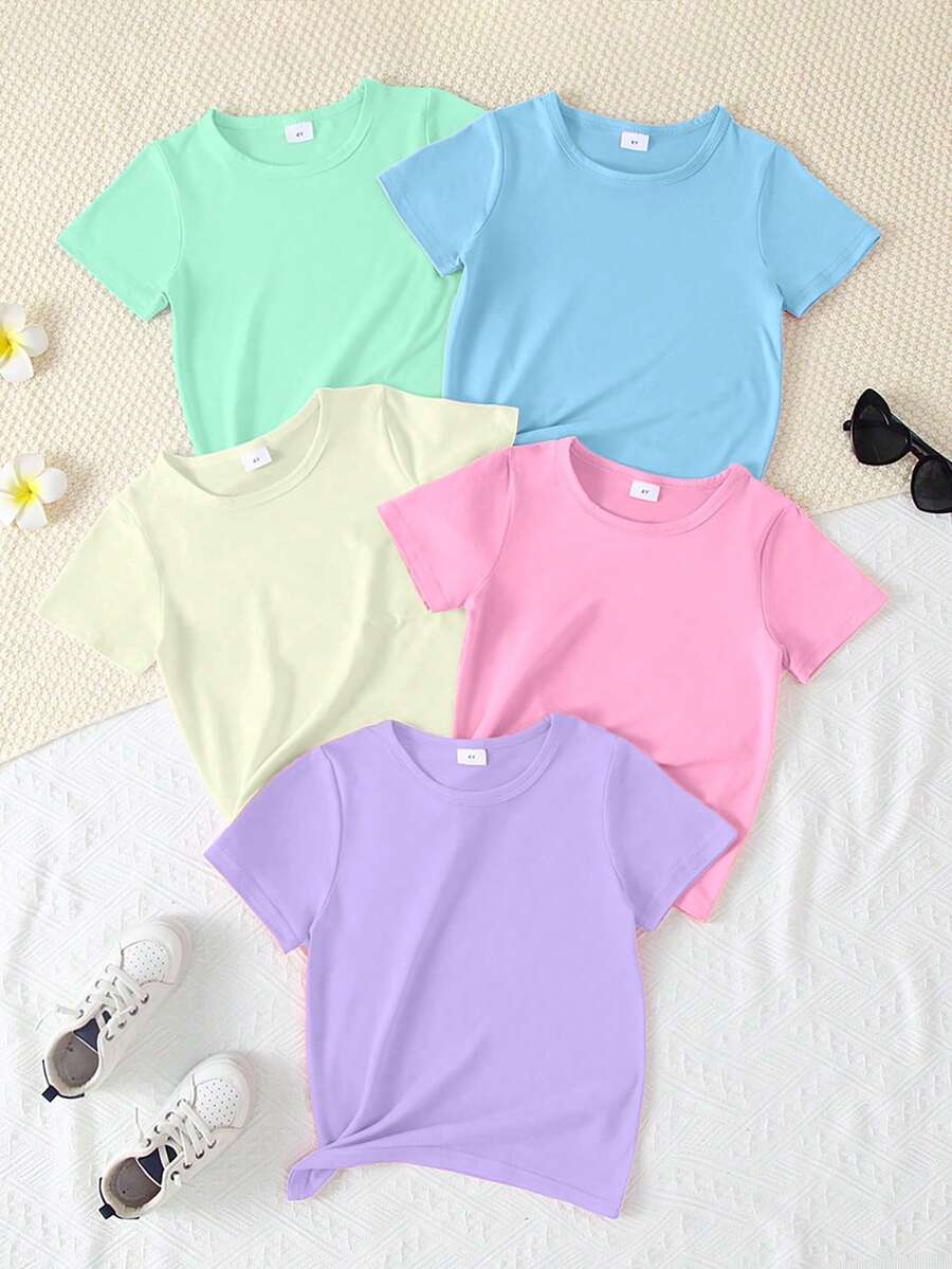 5pcs/Set Girls' Casual Solid Color Comfortable Knit Fabric T-Shirt Outdoor Sets, Spring/Summer - Multicolor - View 1