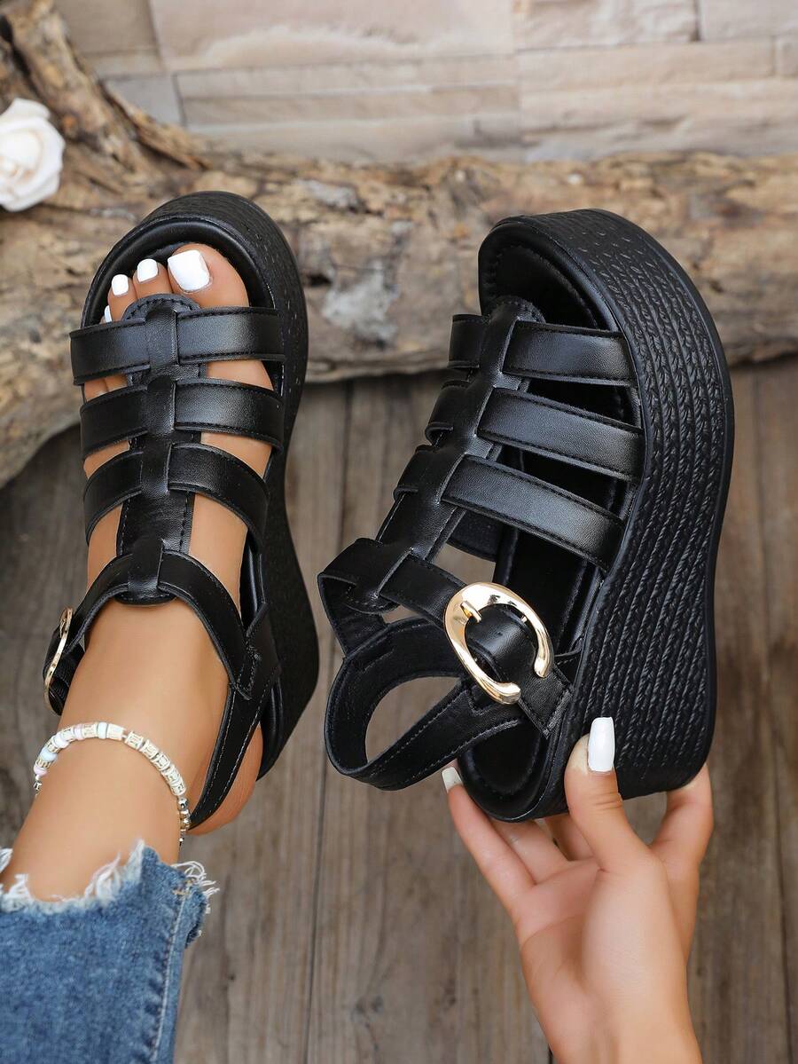 Women's Platform Multi-Strap Sandals, Fashion Dark-Colored Wedge Heels,Spring Summer Outfits - Black - View 1