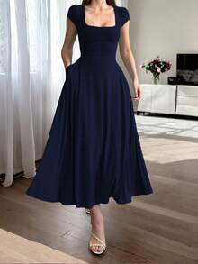 Glamful Elegant Commute Casual Basic Elegant Solid Color Knit Fabric Drawstring Summer Dress - Navy Blue - View 3