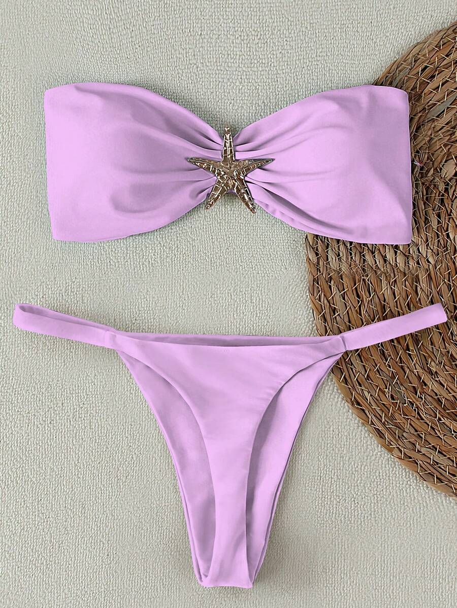 Women's Sexy European Style Starfish Decor Bandeau Bikini Set - Purple - View 1