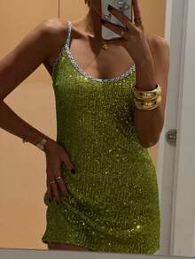 Vestido corto de mujer de tirantes finos y sin mangas con lentejuelas, para verano - Verde - Ver 3