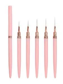 5 Professional Detail Nail Polish Eyeliner Brush Set, 5 Small Polishing Design Tips Nail Tip Fine Line Striped Brush, 7/9/11/ 15/20mm Tight Body Length Nail Brush Pencil, Suitable For Nail Salons And Beginners. - Pink - View 6