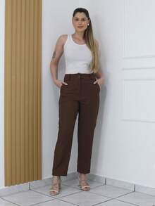 Women's Refreshing Plain Tailored Trousers With Button - Maxma 6631 - Rust Brown - View 1