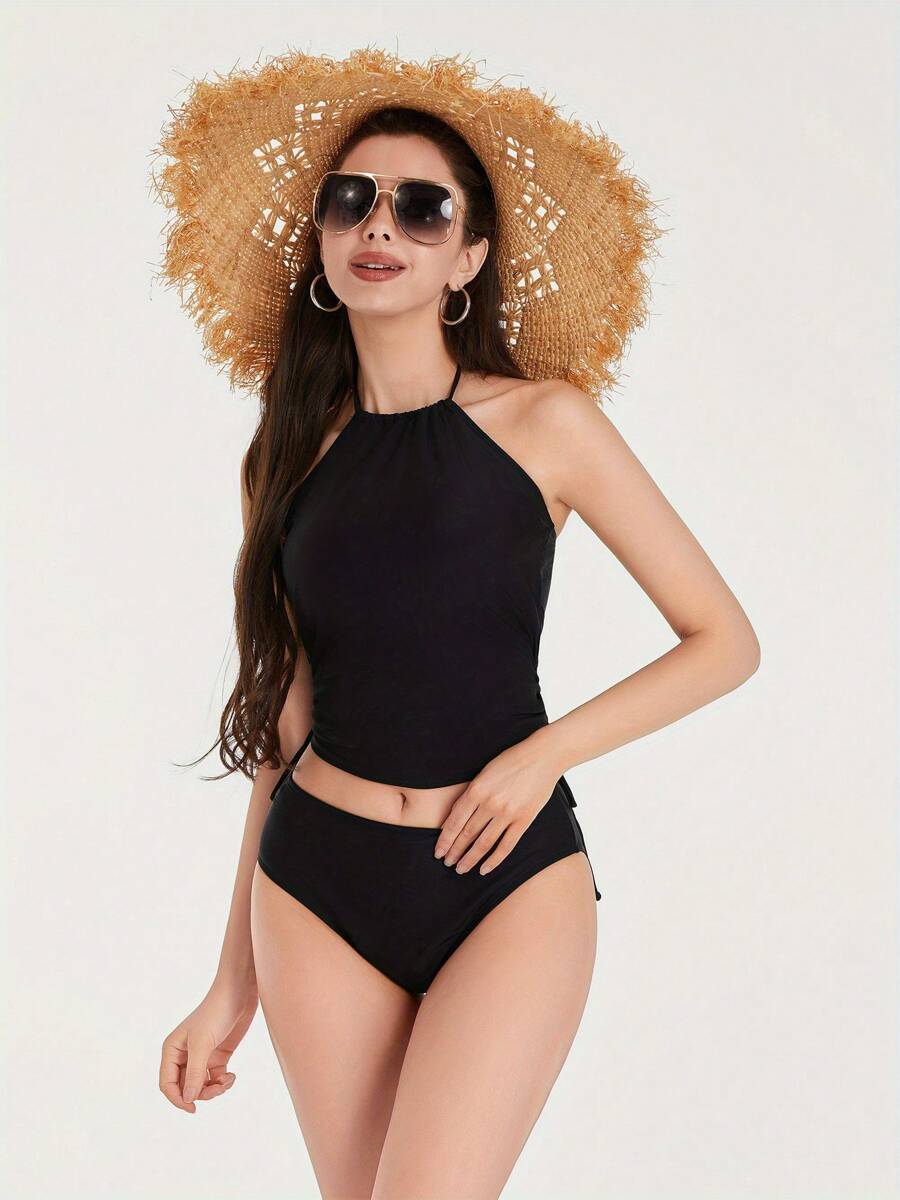 Charming Women Bikini Set, Neck Hanger Sleeveless Backless Crop Tops Solid Color Panties For Summer, Women Clothing
