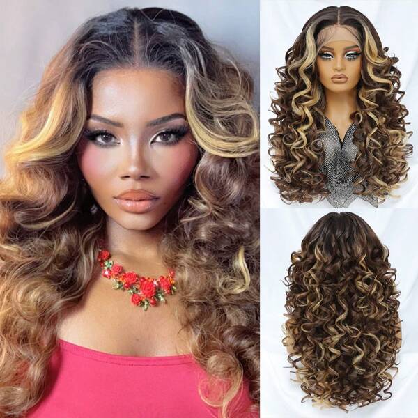 باروكة الحرير الاصطناعي مع أمامية من الدانتيل 13*6 بطول 24 بوصة مجعدة مسبقة النتف مع جبهة الدانتيل والغرة للنساء بتسريحة بني بشعر طفل