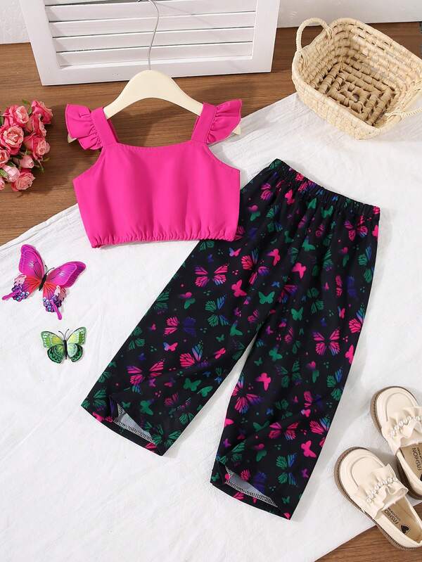 2pcs/Set Girls Toddler Casual Butterfly Print Soft & Comfortable Woven Fabric Camisole Top And Straight Leg Pants Set, Suitable For Outdoor Wear, Spring/Summer