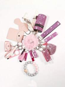 1 set de 15 pièces Porte-clés à strass pour femme - Porte-clés avec sangle de poignet, sac de rangement et accessoires de porte-carte à pompon. Kit d'accessoires de sac, de voiture