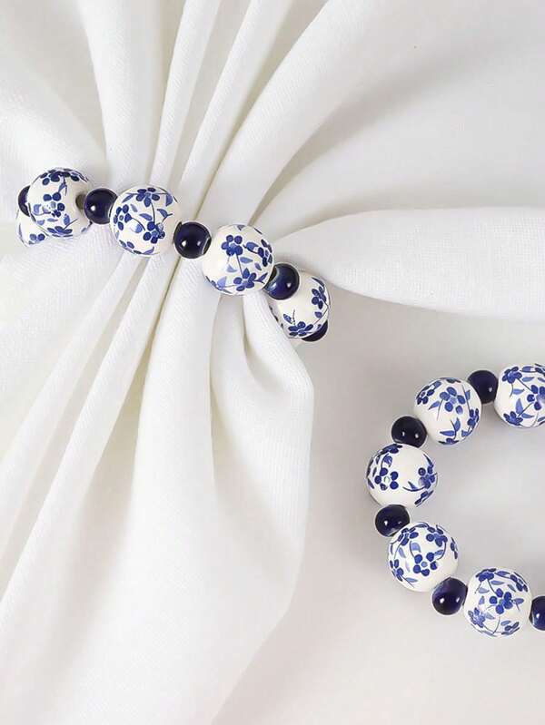 1pc Creative Hand-Painted Blue And White Beaded Napkin Ring, Home Tabletop Decor, Wedding Party Festival Napkin Holder