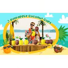 Juego de decoración para fiesta hawaiana - Vaso de coco de plástico de gran capacidad con pajita, diseño tropical de flores y piña, reutilizable, apropiado para celebraciones temáticas, decoración de fiestas | Tema tropical | Vasos de fiesta reutilizables fáciles de limpiar, accesorios para la piscina | Estilo tropical | Vasos de plástico duraderos, decoración de fiesta hawaiana