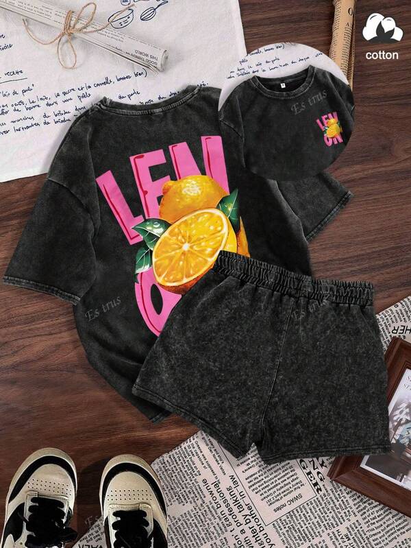 Es Trus, Summer Women's Fun Print Hip-Hop "Illustration Lemon Letters" Unique Personality Pattern Print Street , Korean Comfortable Retro Fashion Commuting Versatile Y2k Clothing Women's Clothing, Suitable For Outdoor Leisure, Regular Niche Punk Style Black Well-Fitting Washed And Distressed Women's Round Neck T-Shirt Short Sleeve + Shorts Set
