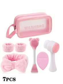 7 件套洁面套装：深层清洁面部护理、柔软天鹅绒头带、化妆刷套装、温和去角质刷、带洗漱包的便携式护肤工具