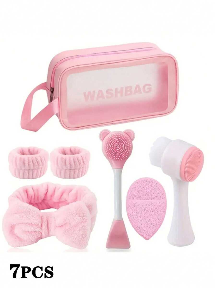 7 件套洁面套装：深层清洁面部护理、柔软天鹅绒头带、化妆刷套装、温和去角质刷、带洗漱包的便携式护肤工具