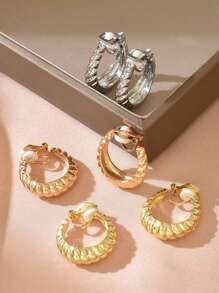 2pcs Minimalist Personalized Hollow Geometric Metal Clip Earrings Without Piercing, Suitable For Daily Wear