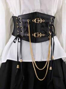 1 件女式深色朋克风格 PU 皮革弹力抽绳腰带，适合万圣节派对或日常穿着 - 黑色 - 查看 3