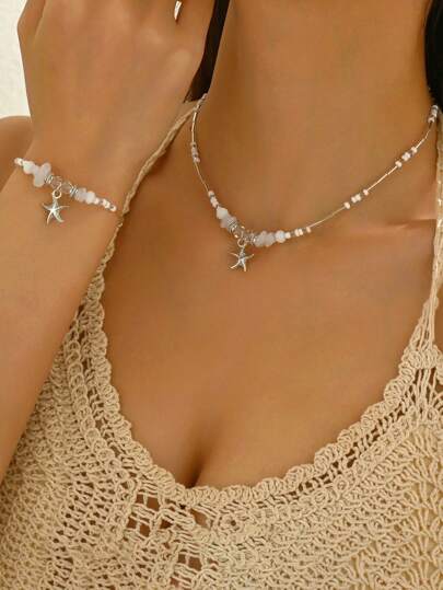 2pcs Ocean Style Versatile Zinc Alloy Starfish & Bead Bracelet & Necklace Jewelry Set, Suitable For Women Everyday & Vacation Beach Outfit