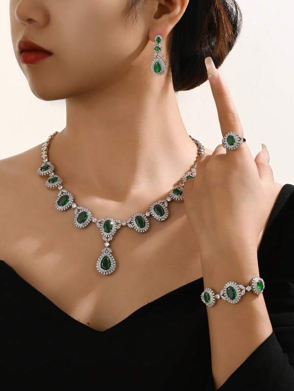 4pcs/Set Verdigris Zirconia Silver-Tone Necklace, Earrings, Ring, Bracelet Jewelry Set. Suitable For Daily, Party, Wedding Occasions. Festive Gift