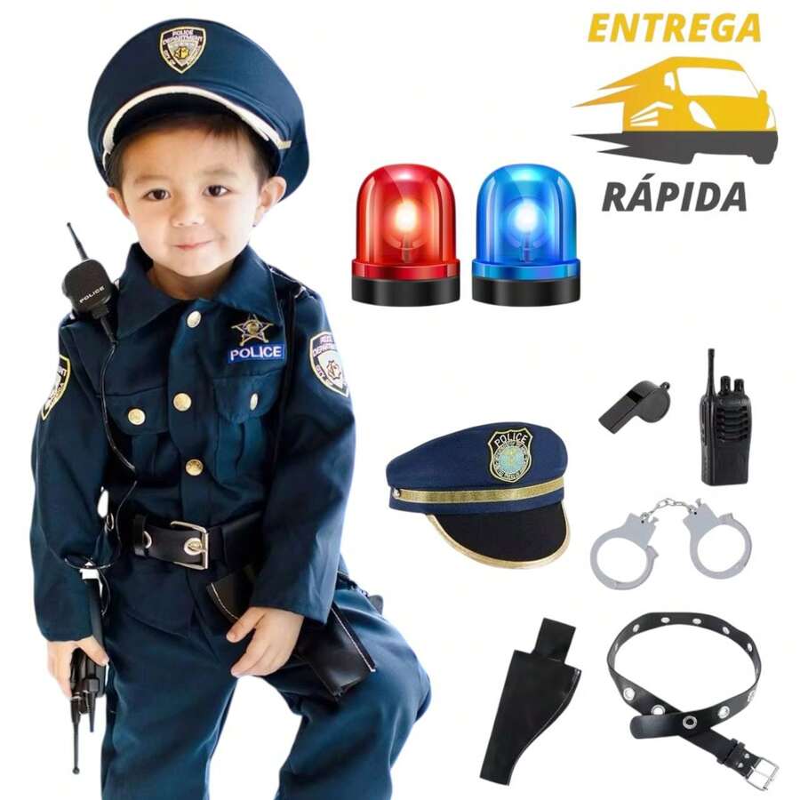 Fantasia de Policial Infantil Criança Conjunto 8 Peças Uniforme Cosplay Até 10 anos.