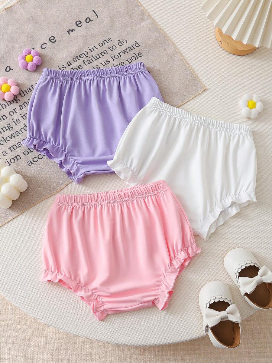 3件套新生女婴纯色荷叶边连体短裤，夏季
