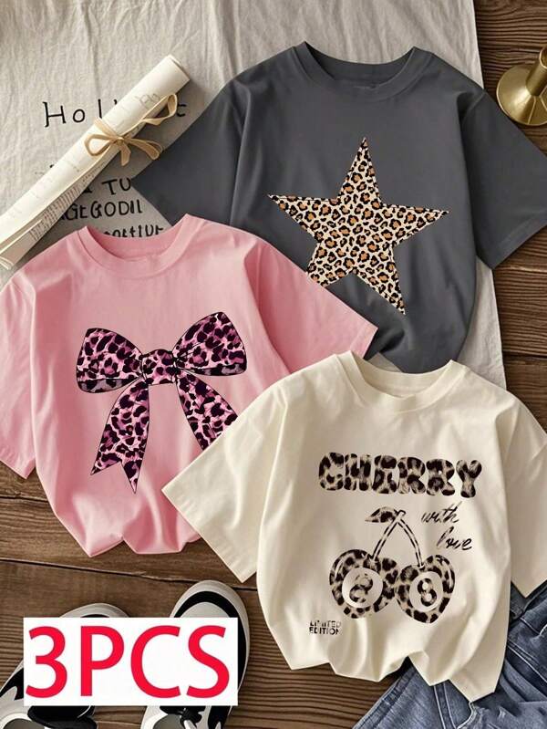 Set de 3 camisetas de manga corta para niñas preadolescentes con estampado de lazos, estrellas y cerezas, conjunto de top de verano adecuado para estudiantes mujeres jóvenes