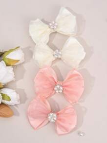 4 piezas Pinzas de pelo con lazos de tela rosada y blanca para niñas, moños de perlas falsas, accesorios de pelo elegantes para niños y niñas pequeñas para uso diario, regalos