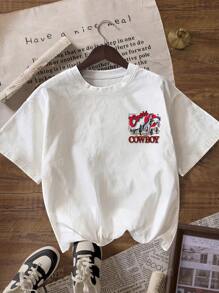 T-shirt casual a girocollo stampata in stile western cowboy, comoda