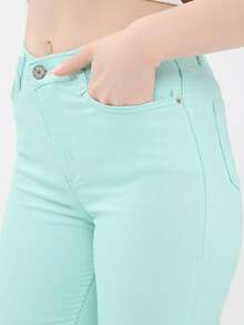 Women High Waist Linen Tight Leg Pants, Solid Color Casual With Drawstring & Pockets - Mint Blue - View 2