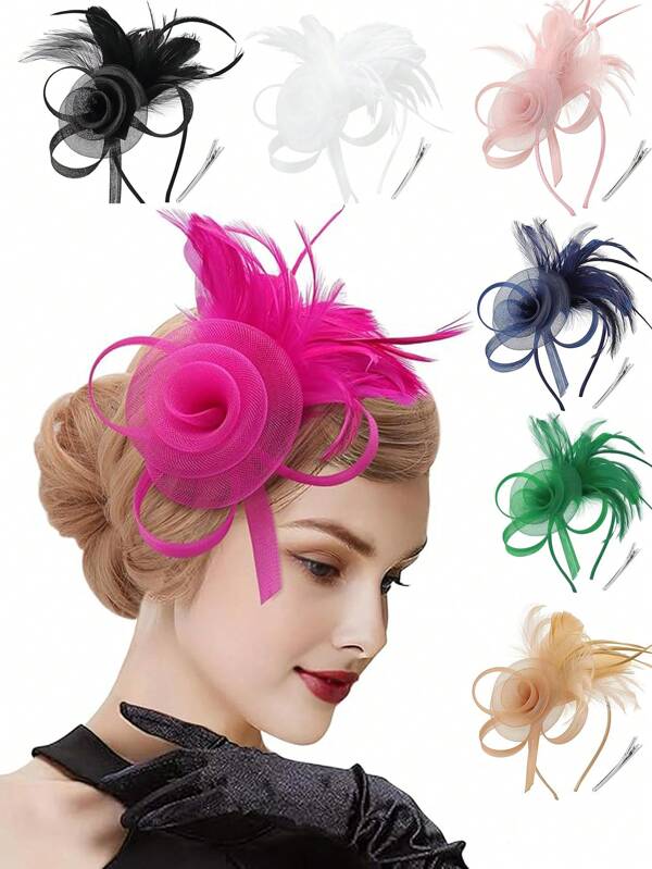 1 Pc Fascinators Hat Flower Mesh Ribbons Feathers On A Headband And A Clip Tea Party Headwear For Girls And Women