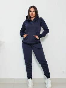 Women's Sweatshirt Set Kangaroo Pocket Hooded Cold Weather Set Plush Tracksuit Sweatshirt - 藏蓝色 - 查看 3