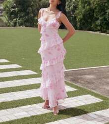 Women Floral Ruffle Maxi Dress Y2k Lace Tiered Spaghetti Strap Cami Long Dresses Flowy Summer Beach Sundress - 粉色 - 查看 4
