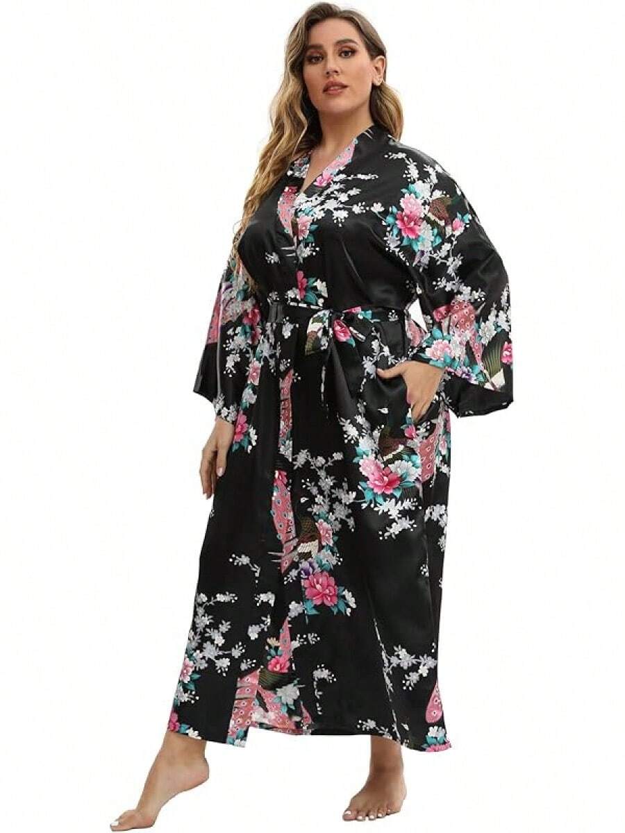 Women's Floral Long Satin Robes Plus Size Long Silk Robes Peacock Floral Kimonos Sleepwear Dressing Gown - 孔雀 | 黑色 - 查看 1