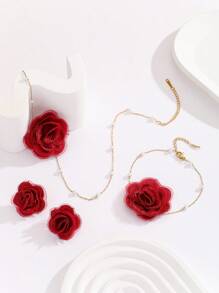 MESTILO 4 peças/Conjunto Colar, Pulseira, Brincos em Aço Inoxidável 18K com Rosa de Tecido, Conjunto de Joias para Mulheres, Uso Diário/Encontros (Quantidade de Pérolas Aleatória)