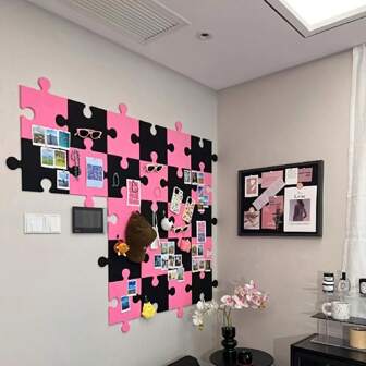 9pcs Black & Pink 3D Puzzle Felt Wall Stickers, Ins Style Self-Adhesive Wall Cloth Decor, Felt Board Wall Decoration For Room, Living Room, Background Display, No Drill Required