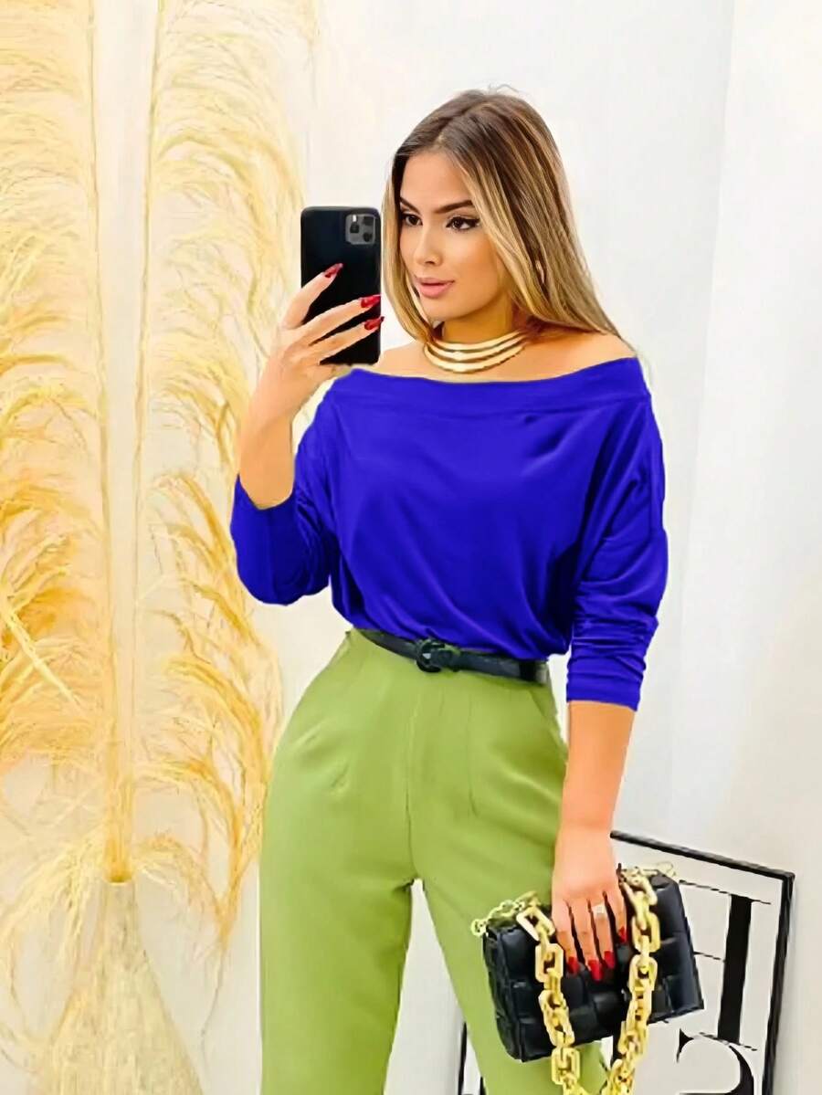 Women's Simple Long-Sleeved Suplex Blouse For Winter - Blue - View 1