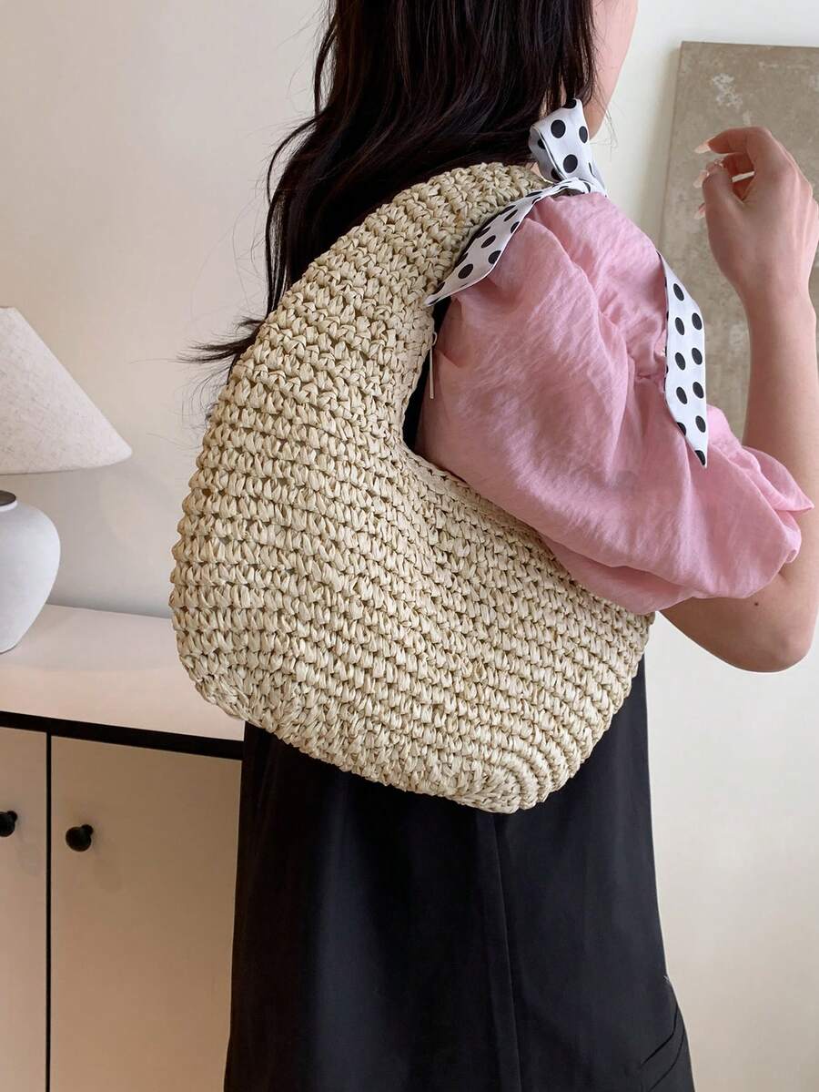 Beige Handmade Women Shoulder Bag, Summer Beach Hobo Raffia Woven Underarm Crescent Bag Tote Bag With Scarf - Beige - View 1