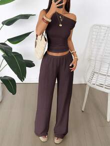 GAOVOT Women's Two Pieces Summer Y2K Sexy Elegant And Casual Butter Yellow Knitted Texture Off-The-Shoulder T-Shirt Top And Loose Straight Wide-Leg Pants Set - Brown - View 7