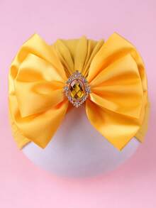 Gorro de niños con gemas de colores, decoración de lazo tridimensional de doble capa, gorra elástica tejida a mano a prueba de viento, gorro lindo para niñas pequeñas, adecuado para juegos al aire libre, fiestas y estilo diario