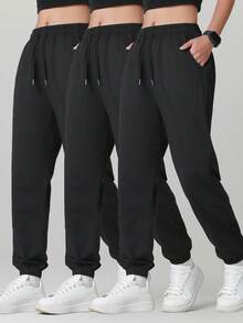 3 piezas Pantalones casuales de mujer de unicolor con cordón y bolsillo, versátiles para uso diario, senderismo, correr, ciclismo, trekking, primavera deportiva en color negro - Negro - Ver 10