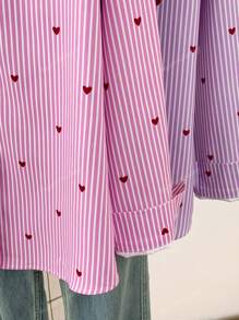 Women's Heart Print Polo Collar Striped Shirt - Casual Button-Up Long Sleeve Vacation Top For Spring Summer Fall Everyday Outfits