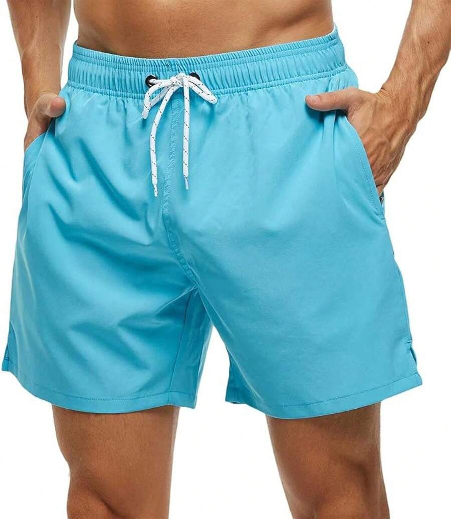 Pantalones cortos de natación para hombres de secado rápido con bolsillos con cremallera y forro de malla - Celeste - Ver 1