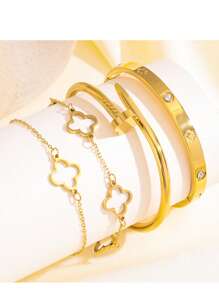 1 Set 3pcs Stainless Steel Minimalistic Floral Hollow Design Bangle Bracelets, Fashion Elegant Creative Personalized Gift For Women Daily Wear