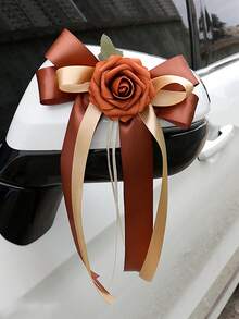 1PC婚车后视镜门把手蝴蝶结装饰欧美复古色车队花，婚礼椅背花车花两用扎花，缎带玫瑰扎花婚庆用品 - 彩色 - 查看 16