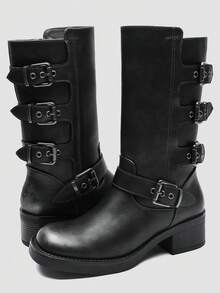 GLOBALWIN Chunky Mid Calf Fashion Dressy Motocycle Biker Military Style Combat Boots For Women Low Heel Fall Boots Halloween Season - 24YY02 仿古銀 - 查看 1