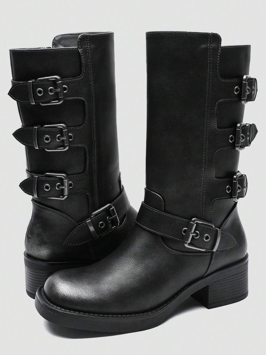 GLOBALWIN Chunky Mid Calf Fashion Dressy Motocycle Biker Military Style Combat Boots For Women Low Heel Fall Boots Halloween Season - 24YY02 仿古銀 - 查看 1