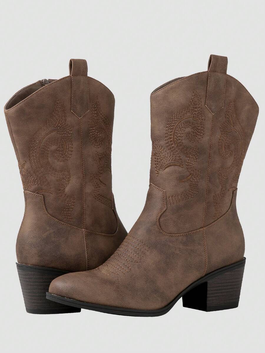 GLOBALWIN Women's Mid Calf The Western Cowgirl Boots Fashion Cowboy Boots For Women Chunky Low Heel Fall Boots Halloween Season - 19yy17lạc đà - Xem 1