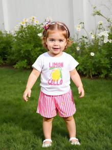 Set de 2 piezas de blusa con gráfico de limón y shorts a rayas para niñas bebé, uso casual de verano diario