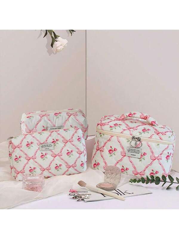 Large Capacity Makeup Bag With Bow Flower Design, Quilted Toiletry Bag, Soft Carry Clutch Pouch